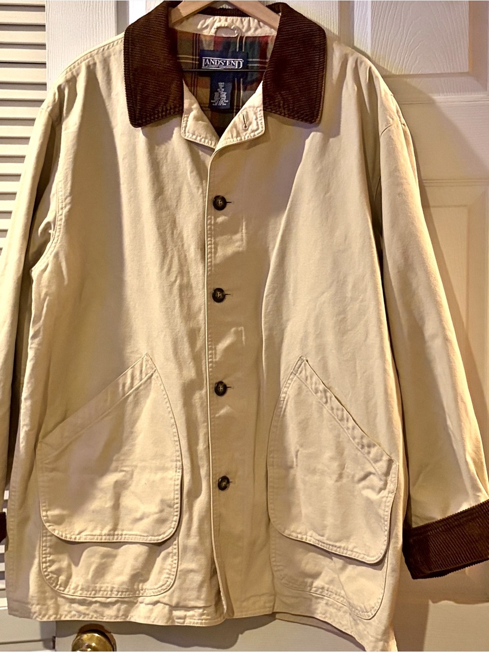 VTG Lands End Chore Jacket Mens XL Tall Tan Cotton Canvas Plaid Lined Gorpcore - Picture 2 of 15